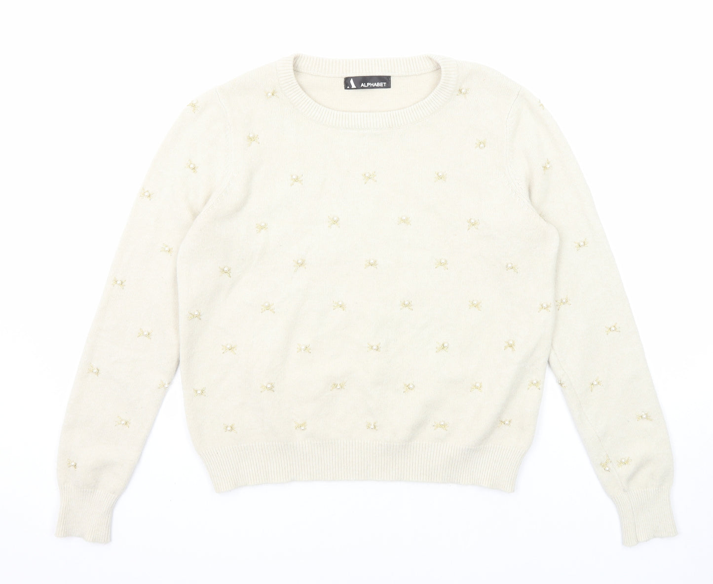 Alphabet Womens Beige Round Neck Geometric Viscose Pullover Jumper Size S