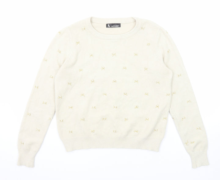 Alphabet Womens Beige Round Neck Geometric Viscose Pullover Jumper Size S