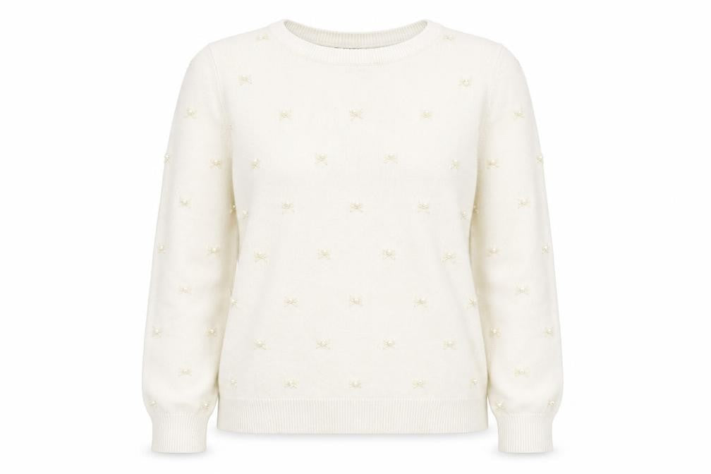 Front view of Alphabet women’s beige round neck geometric viscose jumper, size S