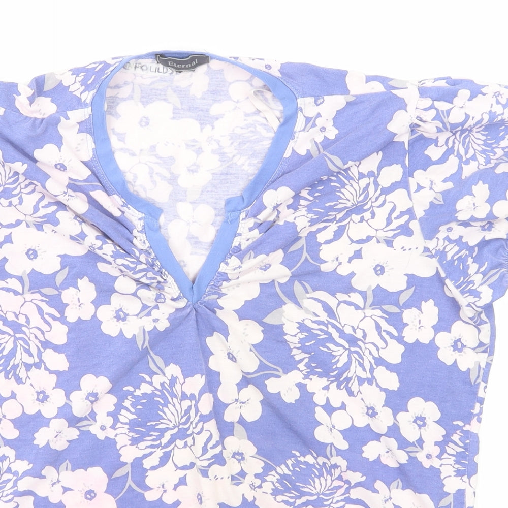 Eternal Womens Blue Floral Polyester Basic T-Shirt Size 10 V-Neck