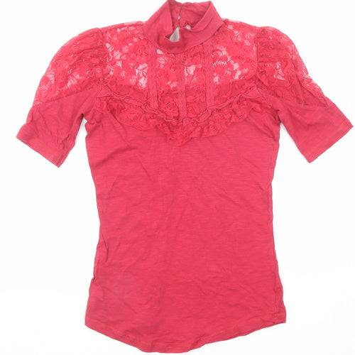 Miss Selfridge Womens Pink Cotton Basic Blouse Size 8 High Neck - Lace Detail