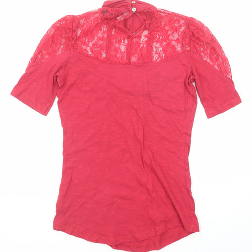 Miss Selfridge Womens Pink Cotton Basic Blouse Size 8 High Neck - Lace Detail