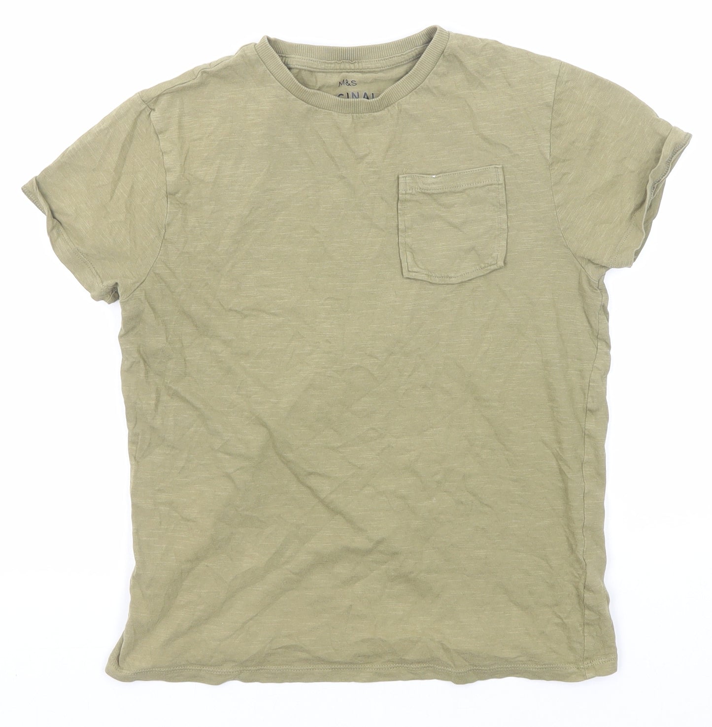 Marks and Spencer Boys Green Cotton Basic T-Shirt Size 10-11 Years Round Neck Pullover