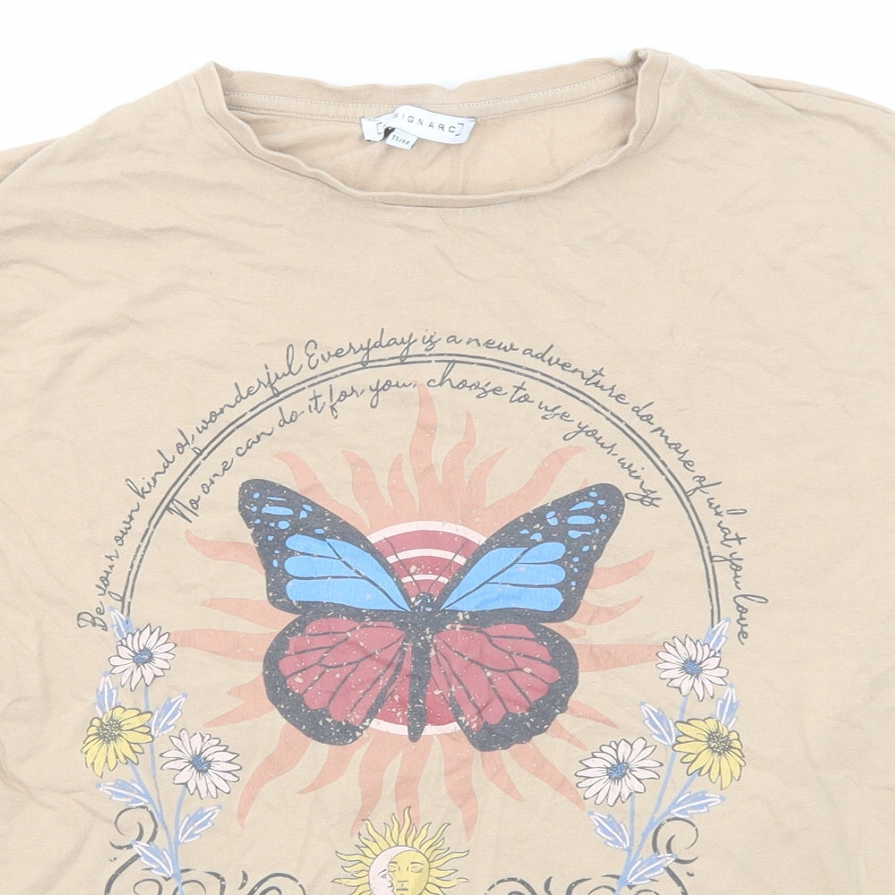 Design Arc Girls Beige Cotton Pullover T-Shirt Size 13 Years Crew Neck Pullover - Butterfly