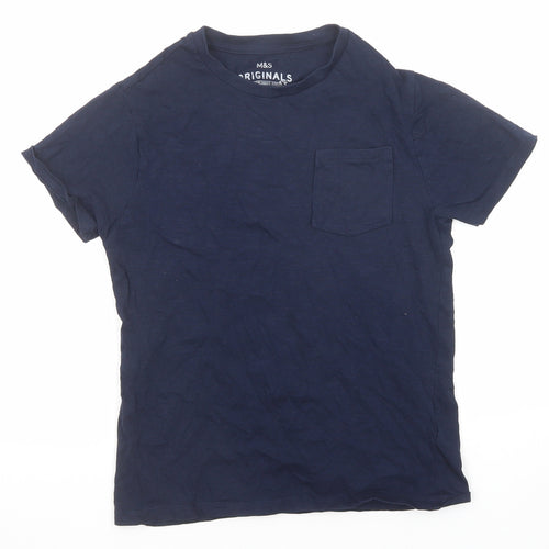 Marks and Spencer Boys Blue Cotton Basic T-Shirt Size 10-11 Years Round Neck Pullover