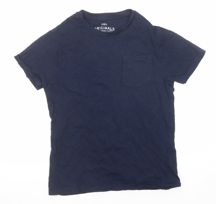 Marks and Spencer Boys Blue Cotton Basic T-Shirt Size 10-11 Years Round Neck Pullover