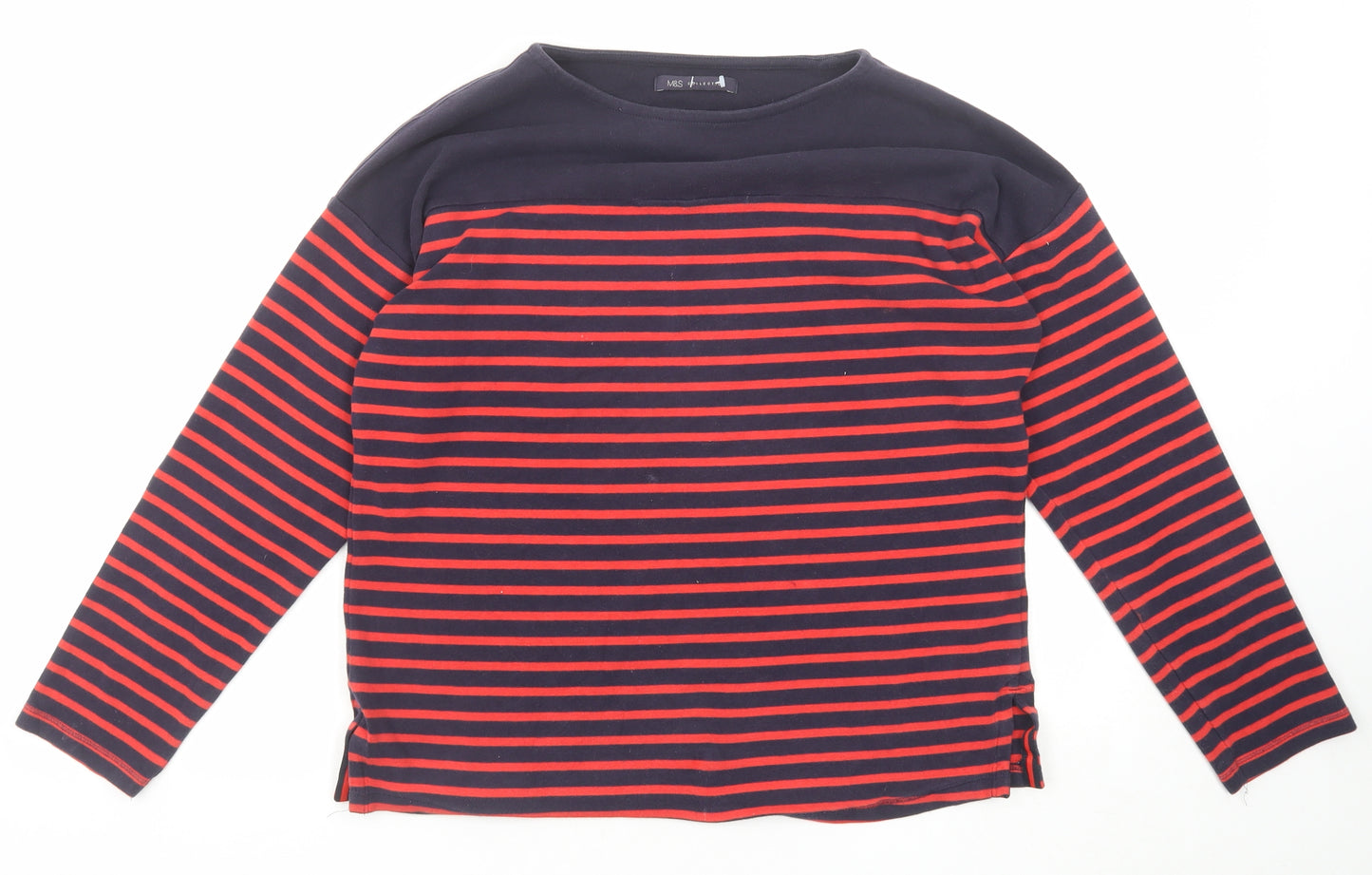 Marks and Spencer Womens Blue Striped Cotton Basic Blouse Size 12 Round Neck