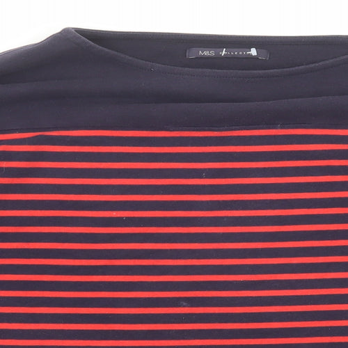 Marks and Spencer Womens Blue Striped Cotton Basic Blouse Size 12 Round Neck