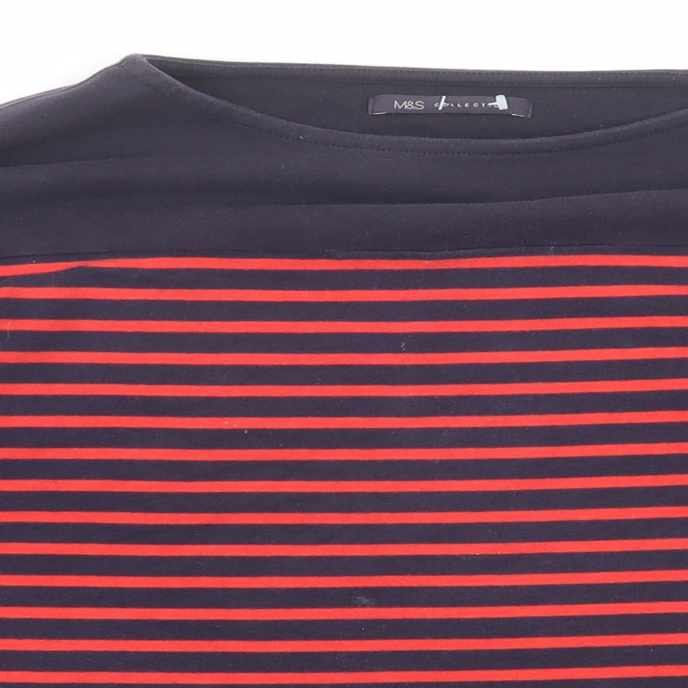 Marks and Spencer Womens Blue Striped Cotton Basic Blouse Size 12 Round Neck