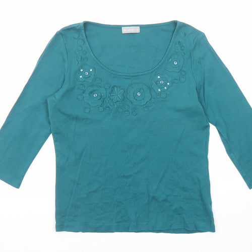 Per Una Womens Green Cotton Basic Blouse Size 14 Scoop Neck - Floral Detail