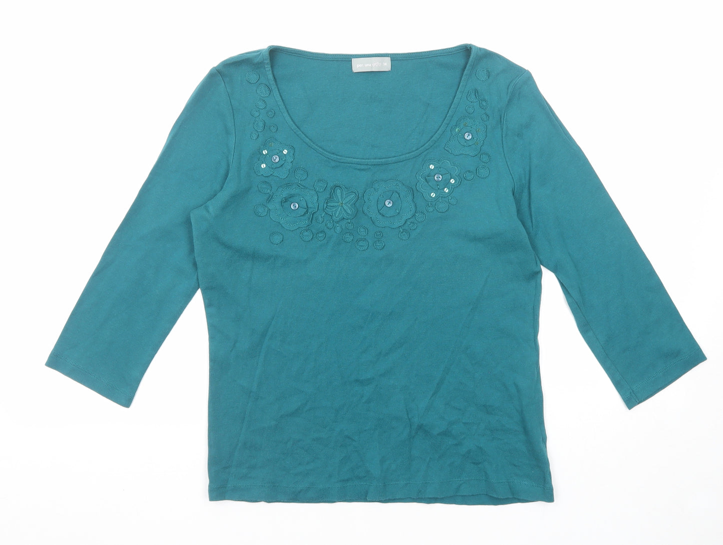 Per Una Womens Green Cotton Basic Blouse Size 14 Scoop Neck - Floral Detail