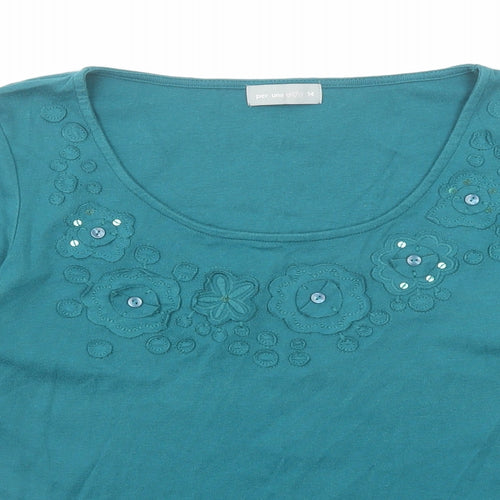 Per Una Womens Green Cotton Basic Blouse Size 14 Scoop Neck - Floral Detail