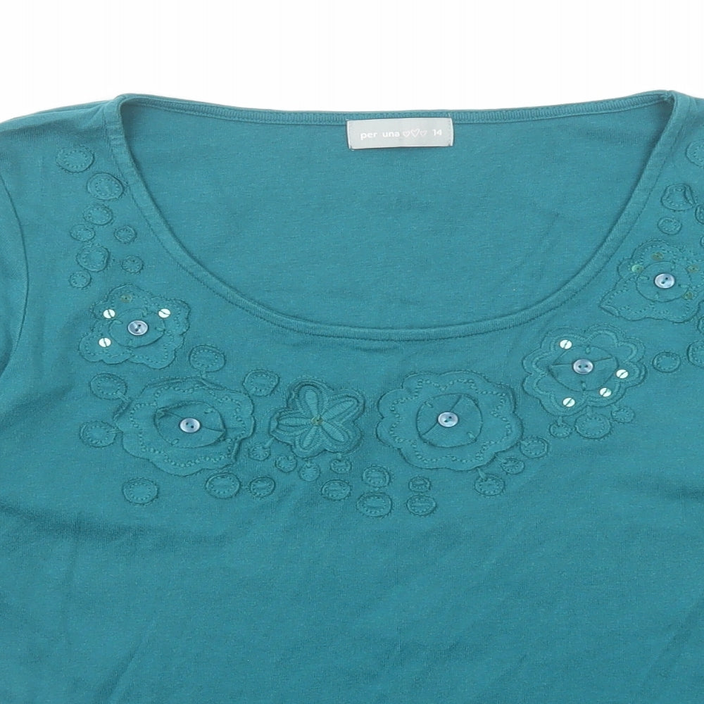 Per Una Womens Green Cotton Basic Blouse Size 14 Scoop Neck - Floral Detail