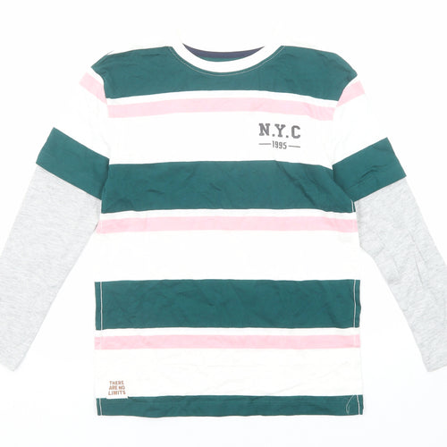 Marks and Spencer Boys Multicoloured Striped Cotton Basic T-Shirt Size 8-9 Years Round Neck Pullover - N.Y.C