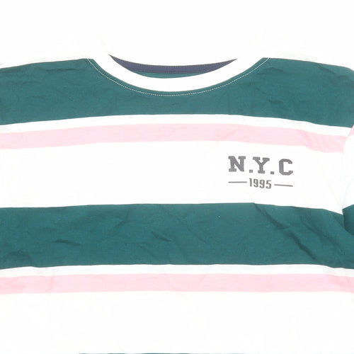 Marks and Spencer Boys Multicoloured Striped Cotton Basic T-Shirt Size 8-9 Years Round Neck Pullover - N.Y.C