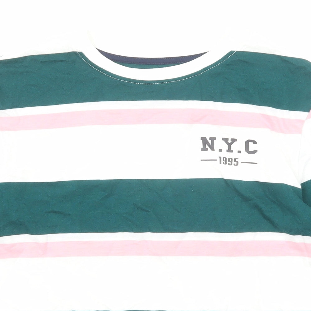 Marks and Spencer Boys Multicoloured Striped Cotton Basic T-Shirt Size 8-9 Years Round Neck Pullover - N.Y.C