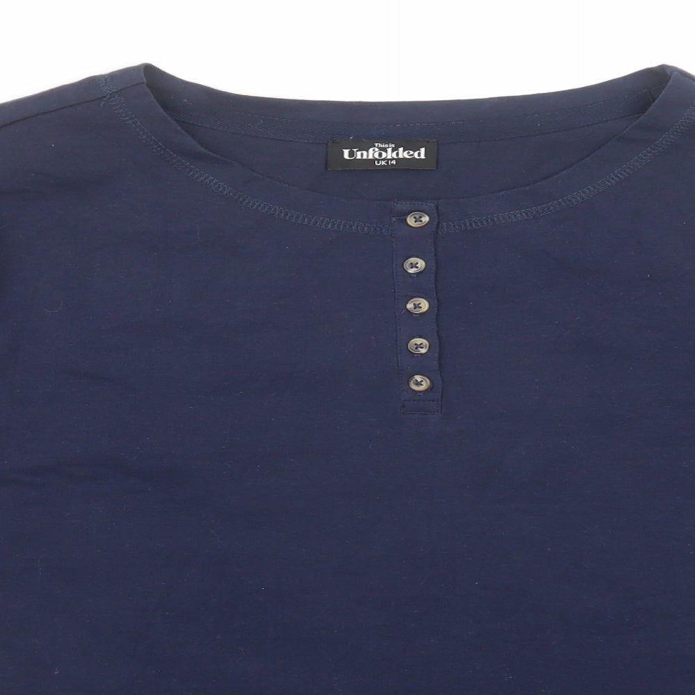 Unfolded Womens Blue Cotton Basic T-Shirt Size 14 Henley