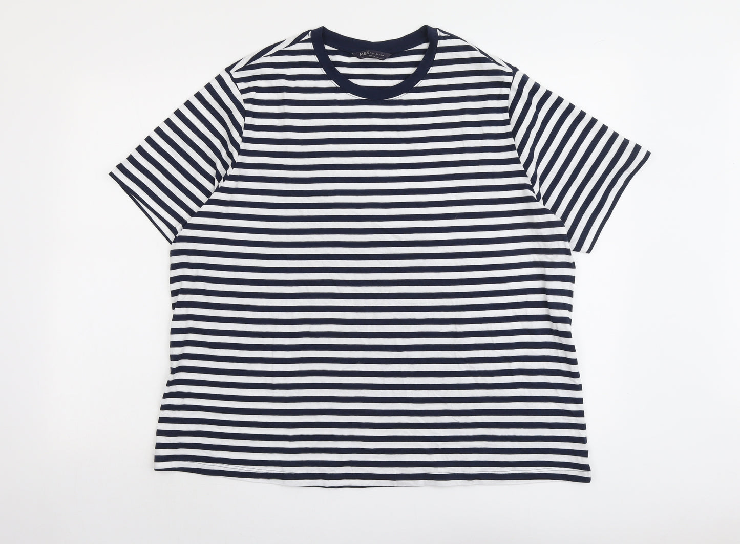 Marks and Spencer Womens Blue Striped Cotton Basic T-Shirt Size 20 Crew Neck
