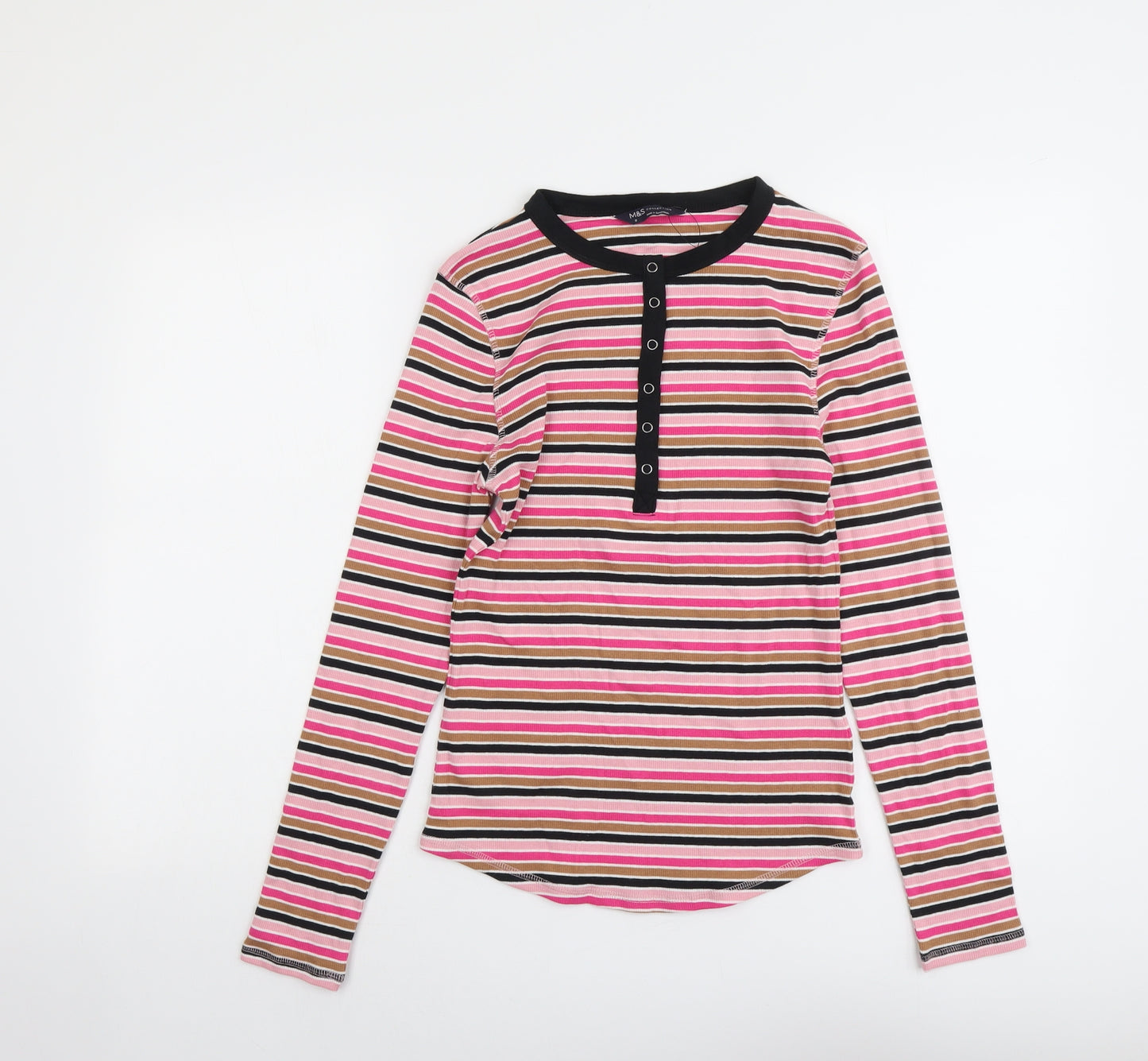 Marks and Spencer Womens Multicoloured Striped Cotton Basic T-Shirt Size 8 Henley