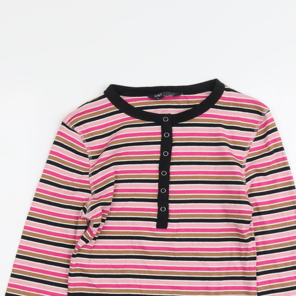 Marks and Spencer Womens Multicoloured Striped Cotton Basic T-Shirt Size 8 Henley