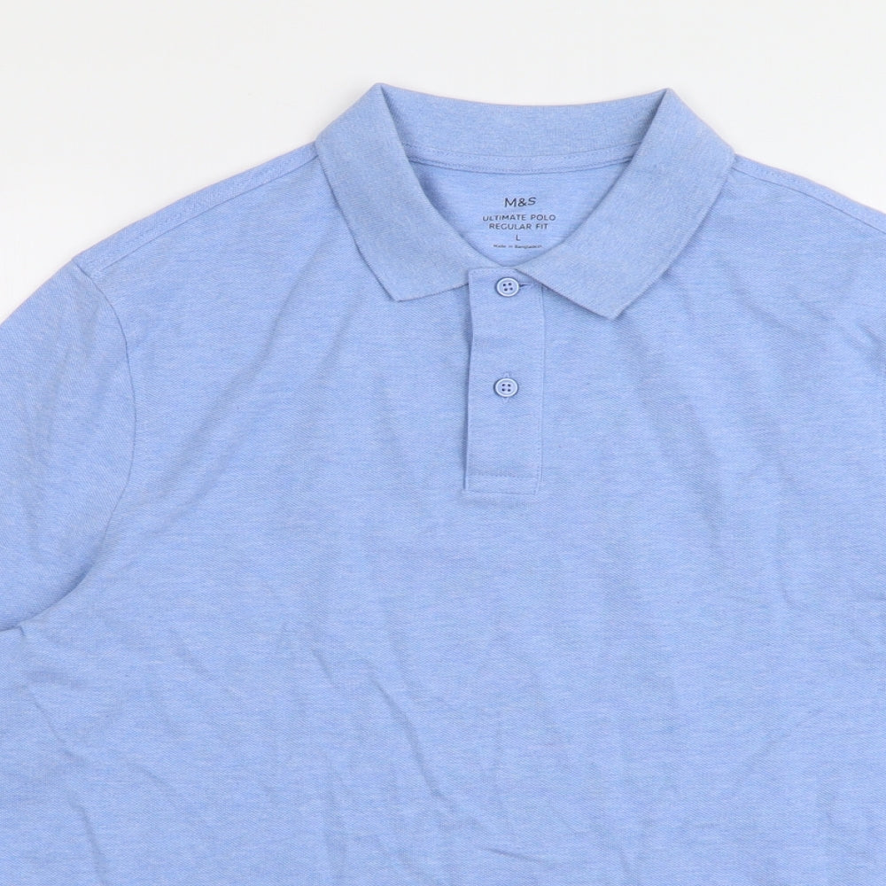 Marks and Spencer Mens Blue Cotton Polo Size L Collared Button