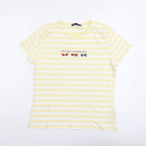 Marks and Spencer Womens Yellow Striped Cotton Basic T-Shirt Size 16 Round Neck - Sunglasses