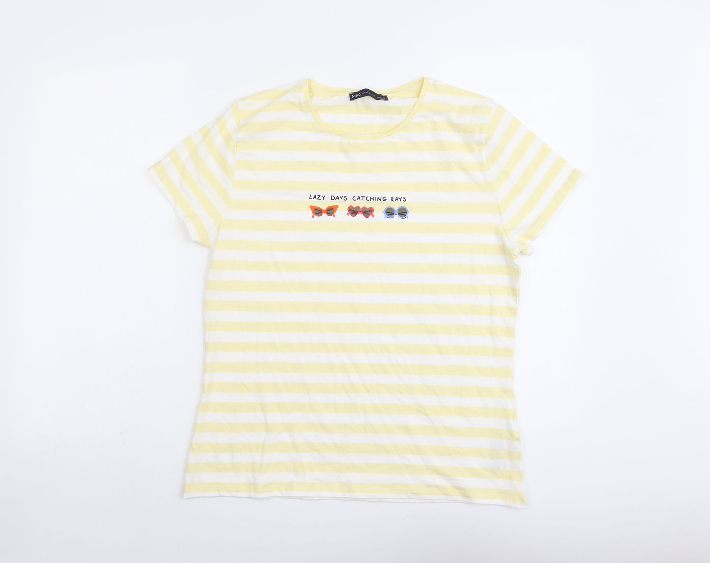 Marks and Spencer Womens Yellow Striped Cotton Basic T-Shirt Size 16 Round Neck - Sunglasses