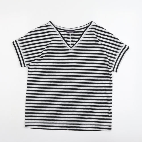 Marks and Spencer Womens Black Striped Linen Basic T-Shirt Size 8 V-Neck