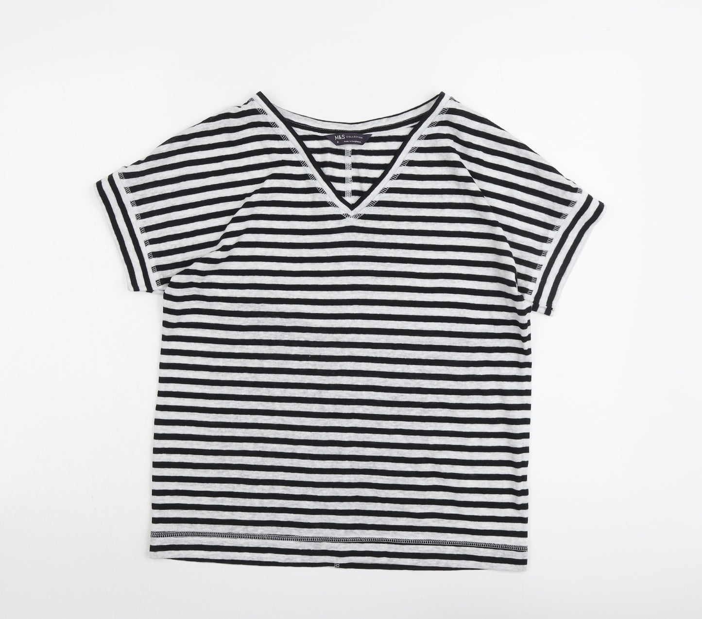 Marks and Spencer Womens Black Striped Linen Basic T-Shirt Size 8 V-Neck