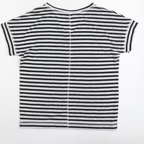 Marks and Spencer Womens Black Striped Linen Basic T-Shirt Size 8 V-Neck