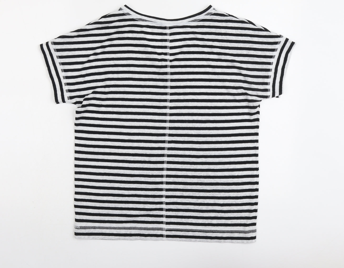 Marks and Spencer Womens Black Striped Linen Basic T-Shirt Size 8 V-Neck