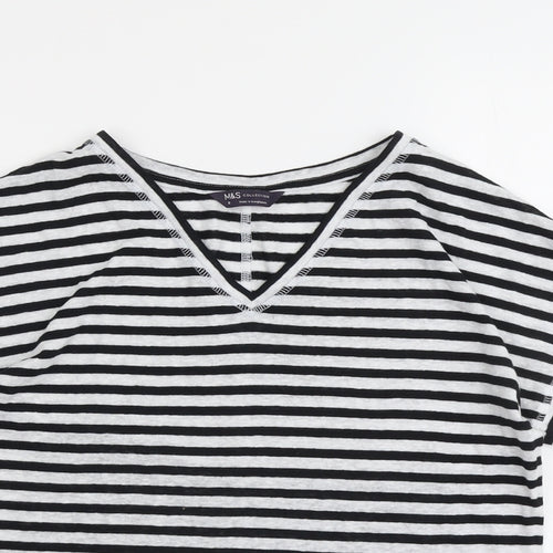 Marks and Spencer Womens Black Striped Linen Basic T-Shirt Size 8 V-Neck