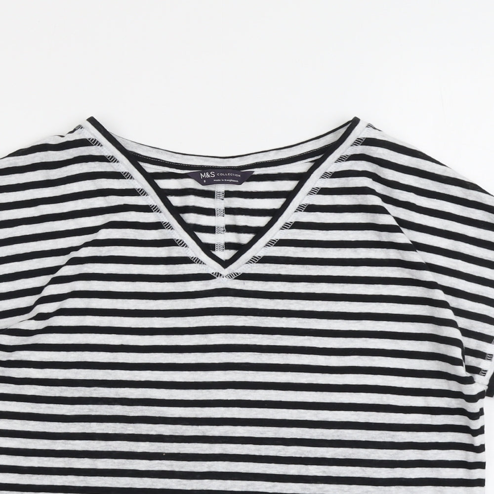 Marks and Spencer Womens Black Striped Linen Basic T-Shirt Size 8 V-Neck
