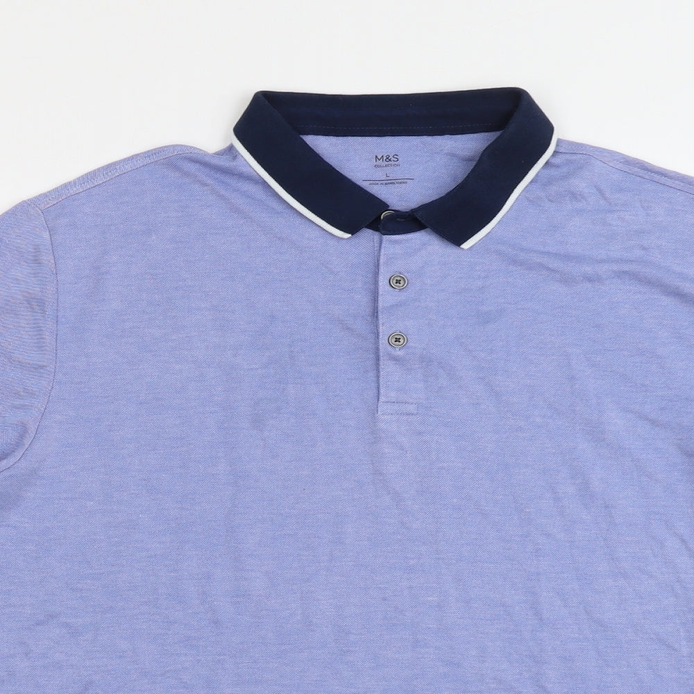 Marks and Spencer Mens Blue Modal Polo Size L Collared Button