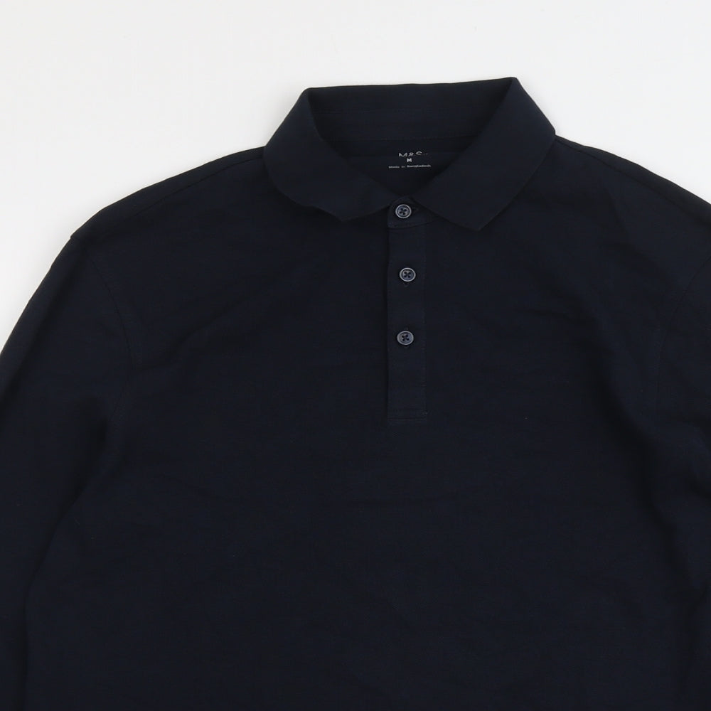 Marks and Spencer Mens Blue Cotton Polo Size M Collared Button