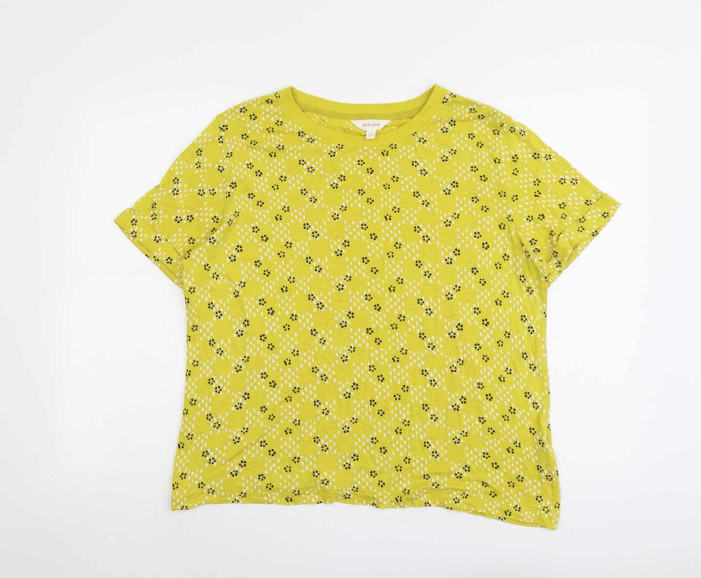 Per Una Womens Yellow Geometric Viscose Basic T-Shirt Size 12 Round Neck