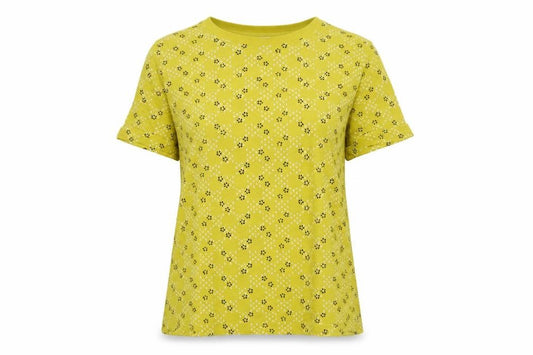 Front view of Per Una women’s yellow geometric viscose basic t-shirt, size UK 12, round neck