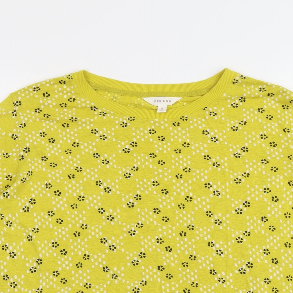 Per Una Womens Yellow Geometric Viscose Basic T-Shirt Size 12 Round Neck