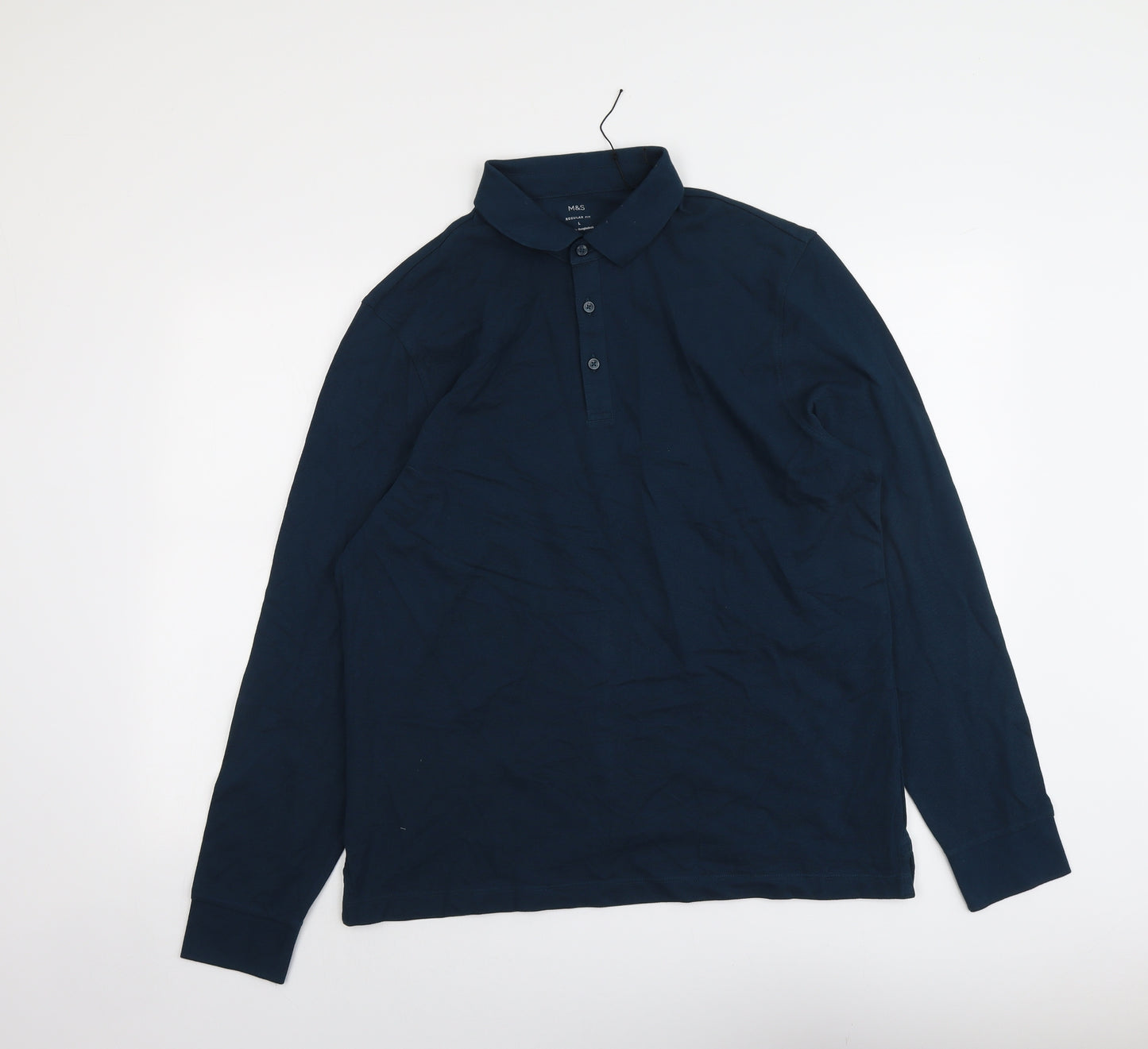 Marks and Spencer Mens Blue Cotton Polo Size L Collared Button