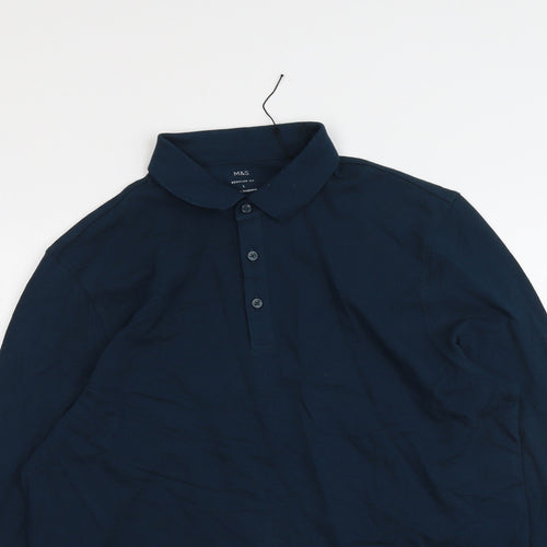 Marks and Spencer Mens Blue Cotton Polo Size L Collared Button