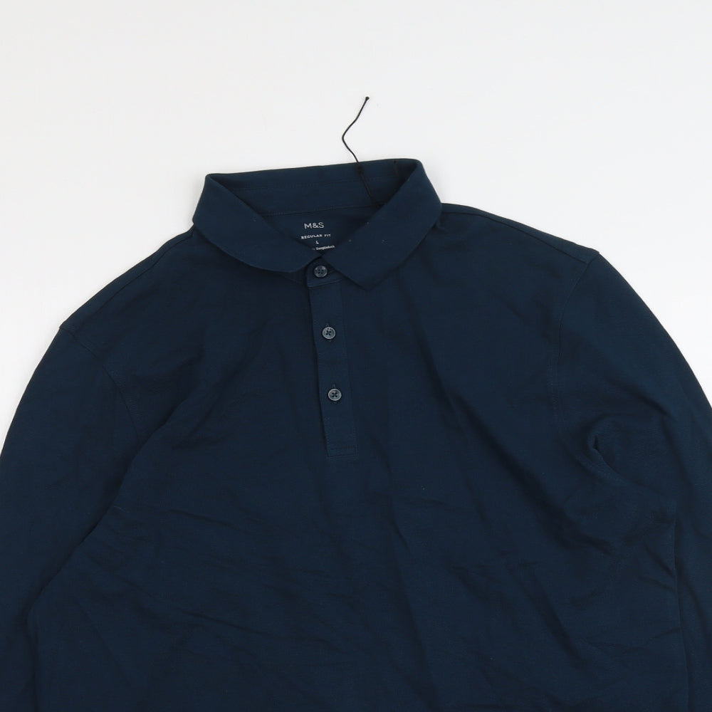 Marks and Spencer Mens Blue Cotton Polo Size L Collared Button
