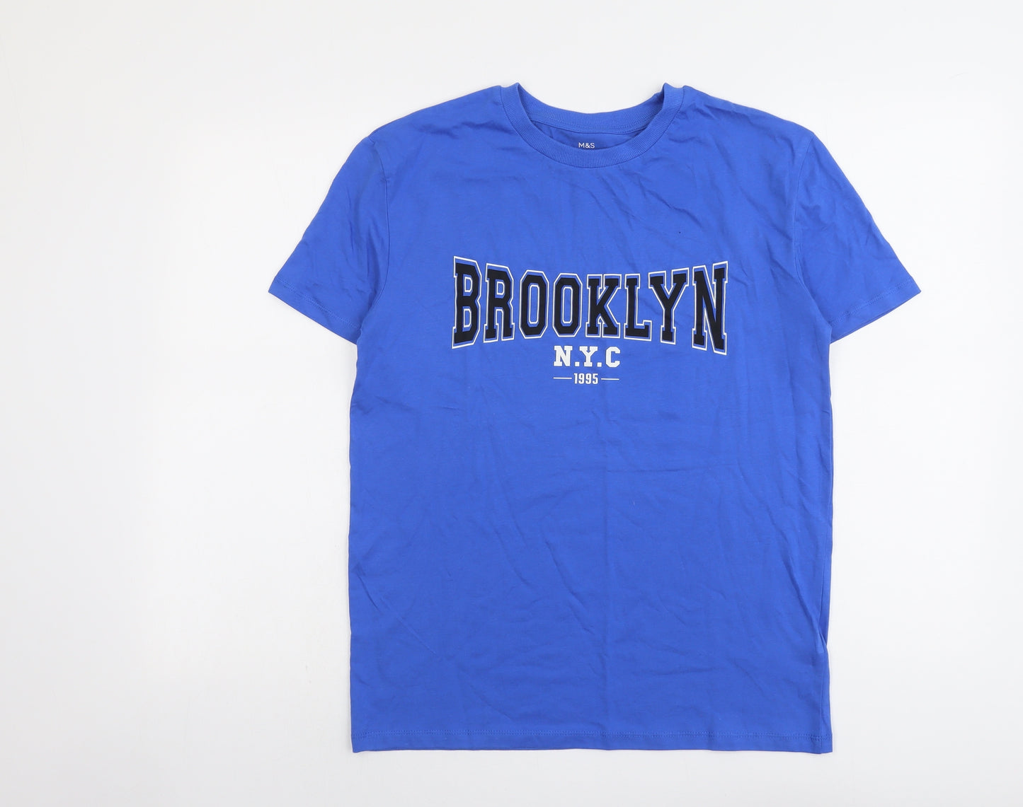 Marks and Spencer Boys Blue Cotton Basic T-Shirt Size 13-14 Years Round Neck Pullover - Brooklyn NYC