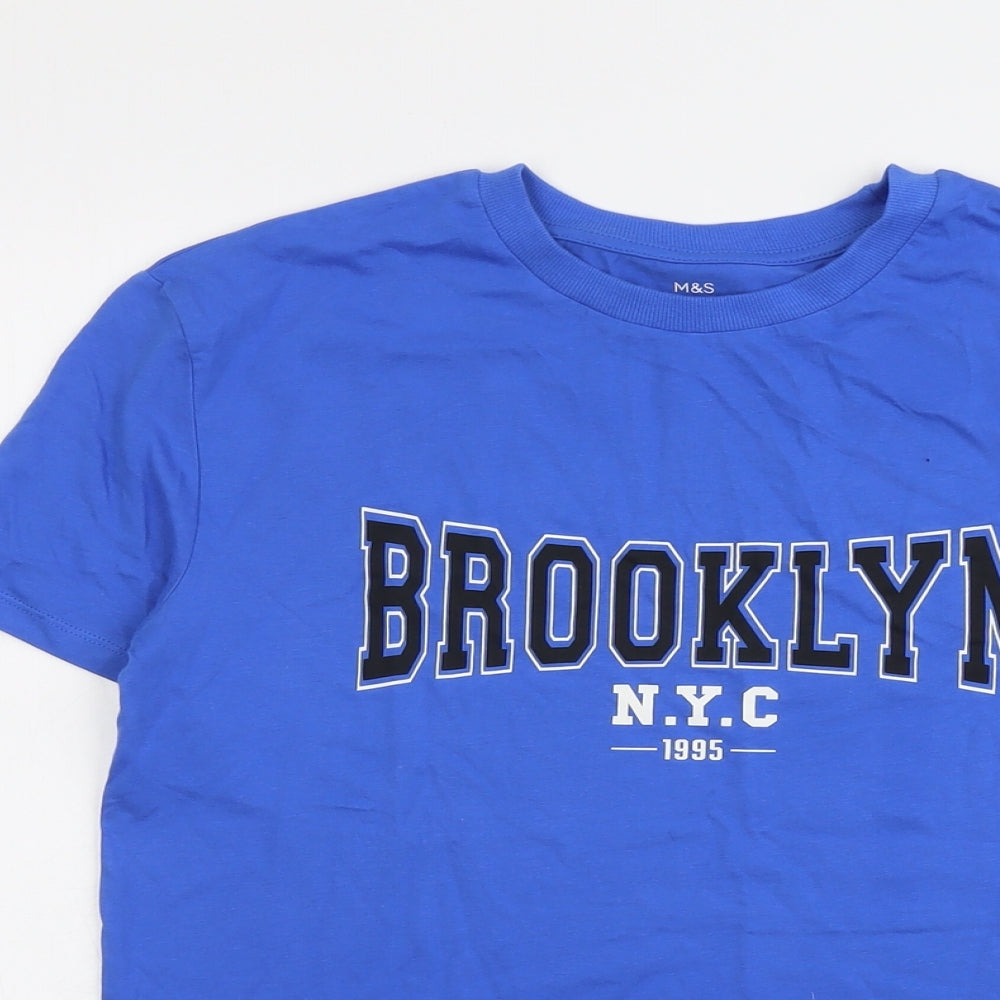 Marks and Spencer Boys Blue Cotton Basic T-Shirt Size 13-14 Years Round Neck Pullover - Brooklyn NYC