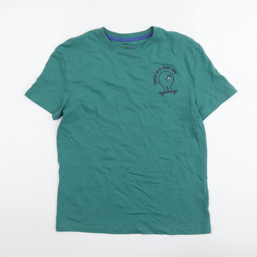 Marks and Spencer Boys Green Cotton Basic T-Shirt Size 10-11 Years Round Neck Pullover - Today Is A Good Day
