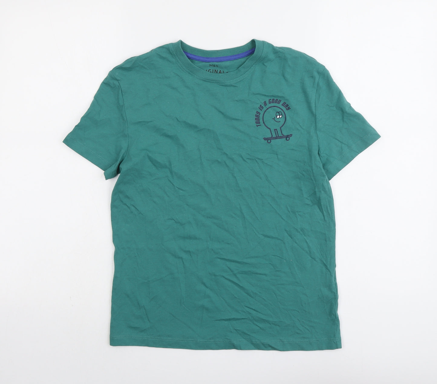 Marks and Spencer Boys Green Cotton Basic T-Shirt Size 10-11 Years Round Neck Pullover - Today Is A Good Day