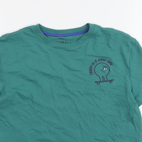 Marks and Spencer Boys Green Cotton Basic T-Shirt Size 10-11 Years Round Neck Pullover - Today Is A Good Day