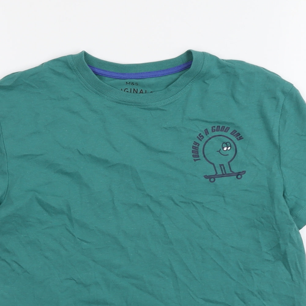 Marks and Spencer Boys Green Cotton Basic T-Shirt Size 10-11 Years Round Neck Pullover - Today Is A Good Day