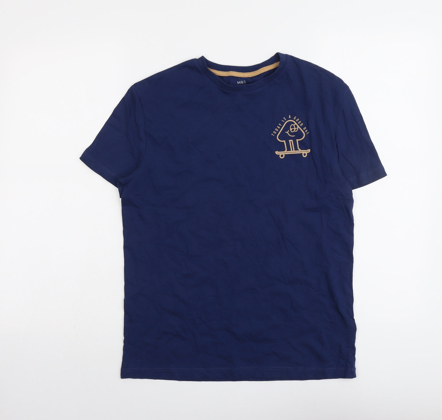 Marks and Spencer Boys Blue Cotton Basic T-Shirt Size 12-13 Years Round Neck Pullover - Today Is A Good Day
