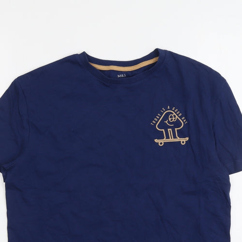 Marks and Spencer Boys Blue Cotton Basic T-Shirt Size 12-13 Years Round Neck Pullover - Today Is A Good Day