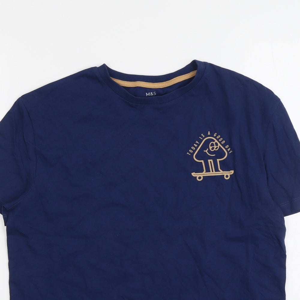 Marks and Spencer Boys Blue Cotton Basic T-Shirt Size 12-13 Years Round Neck Pullover - Today Is A Good Day